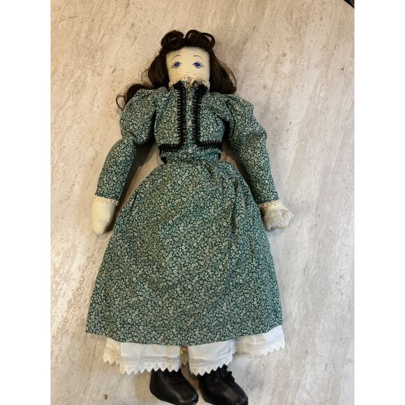 Handmade Vintage Rag Doll In Green Floral Dress & Lace Trim By Cattle Kate Jacks - Picture 3 of 11